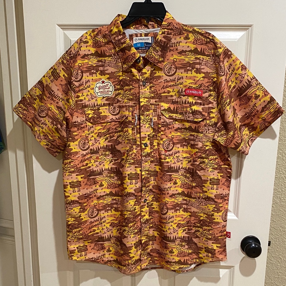 Magellan Outdoors Yellow and Brown Short Sleeve Printed Camp Shirt